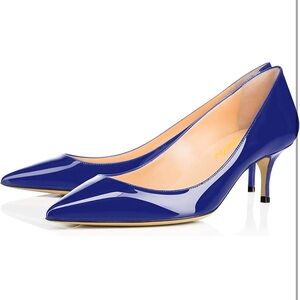 Women Fashion Pointed Toe Slip On Comfort Basic Kitten Heel Pumps Shoes - Blue